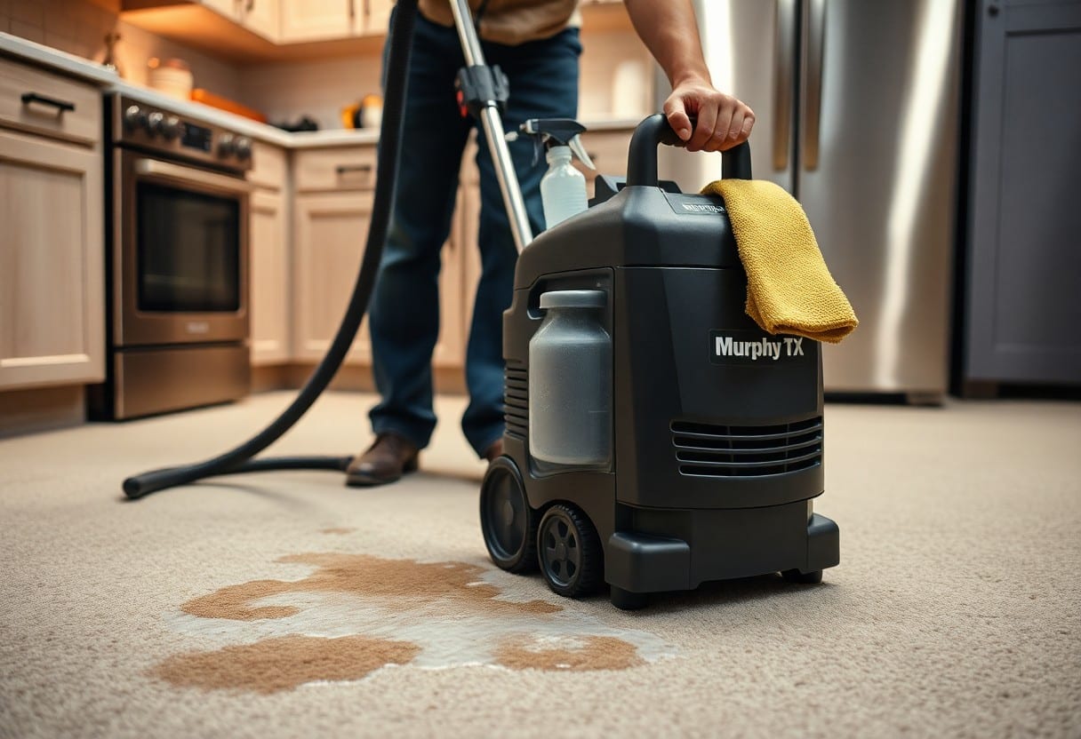 Technician treating carpet for grease and odor after a household spill